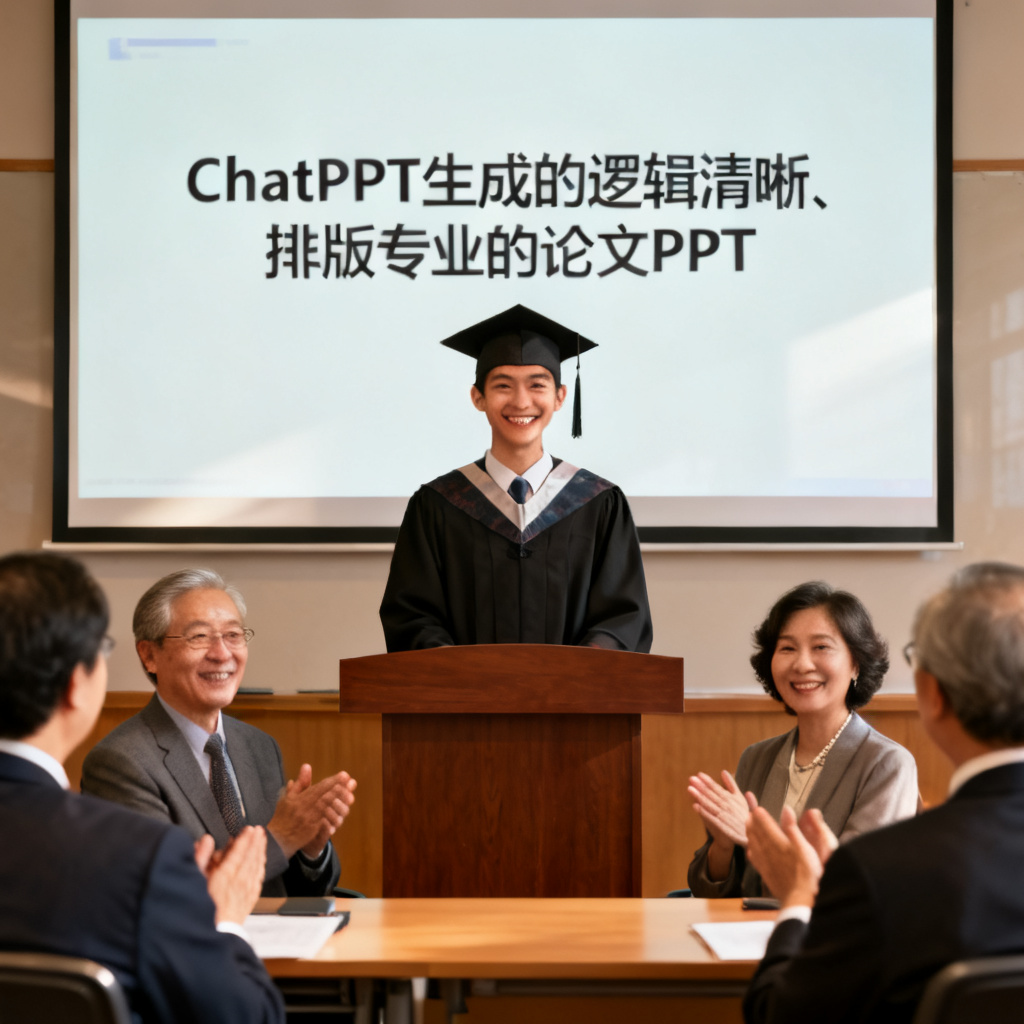 一位面带自信微笑的硕士生站在答辩讲台上,身后大屏幕显示着ChatPPT生成的逻辑清晰、排版专业的论文PPT,台下评委面带赞许表情,体现成功答辩的喜悦场景