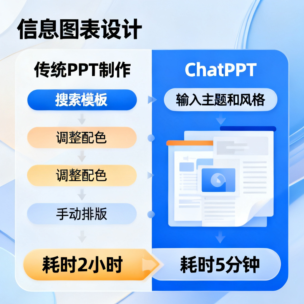 工作效率对比图，左侧是传统PPT制作流程，包含搜索模板、调整配色、手动排版等多个步骤，耗时2小时；右侧是ChatPPT流程，仅需输入主题和风格，耗时5分钟，视觉风格统一且精美