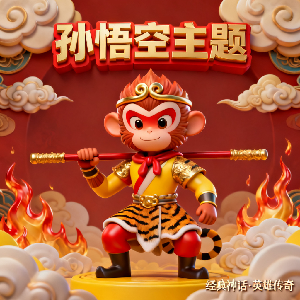3D西游记风格,孙悟空主题,立体质感,鲜艳色彩,PPT封面设计