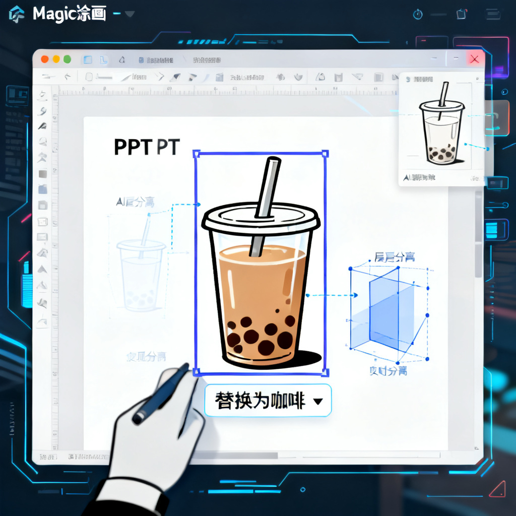 一个用户使用Magic涂画功能,框选PPT页面中的一杯奶茶,输入“替换为咖啡”,AI正在实时渲染替换过程,周围有图层分离的示意图。