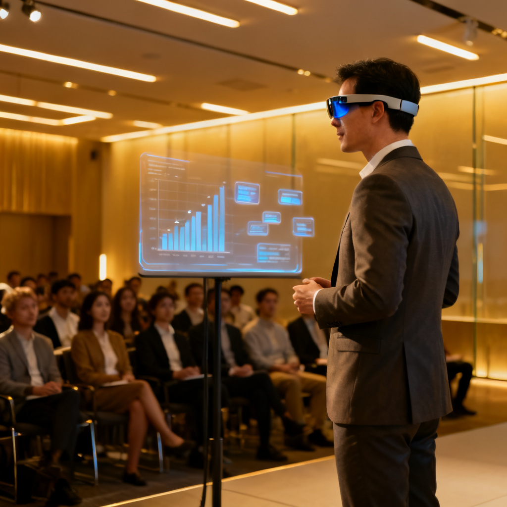 A professional presenter wearing sleek smart glasses with subtle display reflection, standing in front of a holographic projection screen, audience watching attentively, modern conference room with warm lighting.