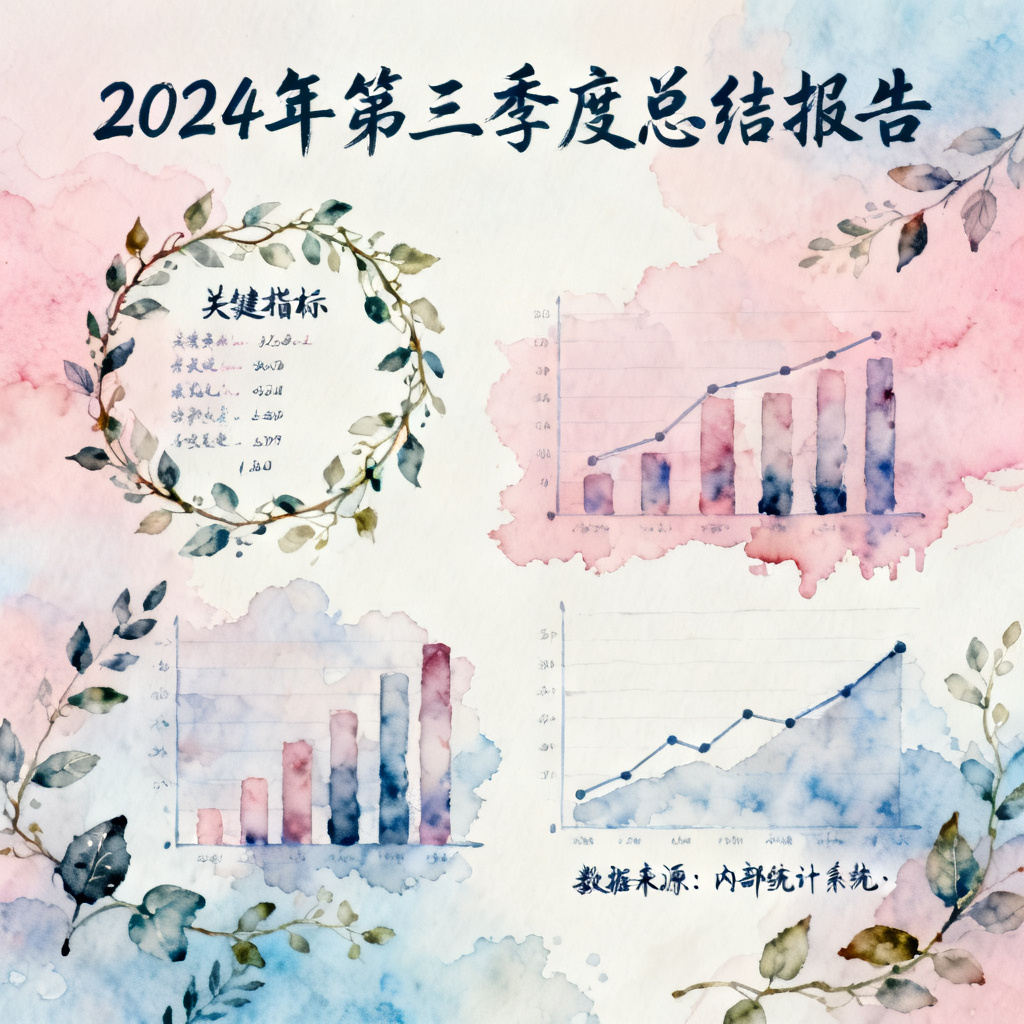梦幻水彩风的季度总结报告，柔和渐变与手绘植物元素交织，数据图表以水彩晕染效果呈现，字体带有手写感