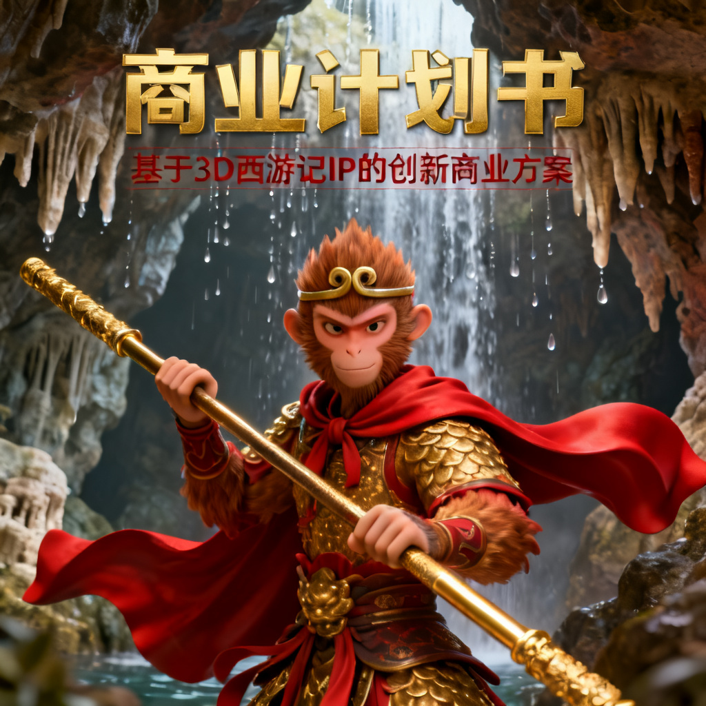 3D西游记风格的商业计划书，孙悟空形象，水帘洞背景，金色与红色主色调