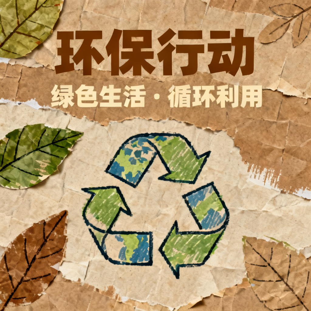 牛皮纸贴画风格的环保主题PPT，使用拼贴和手绘元素，色调以棕色和米色为主，包含树叶、地球和回收标志图案