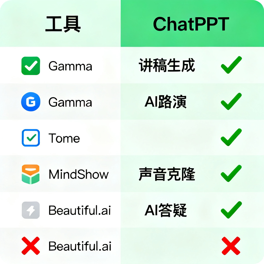 一张对比图表，左侧列出Gamma、Tome、MindShow、Beautiful.ai等工具，右侧列出ChatPPT，各项功能（讲稿生成、AI路演、声音克隆、AI答疑）以绿色对勾或红色叉号标示，ChatPPT一列全部为绿色对勾。