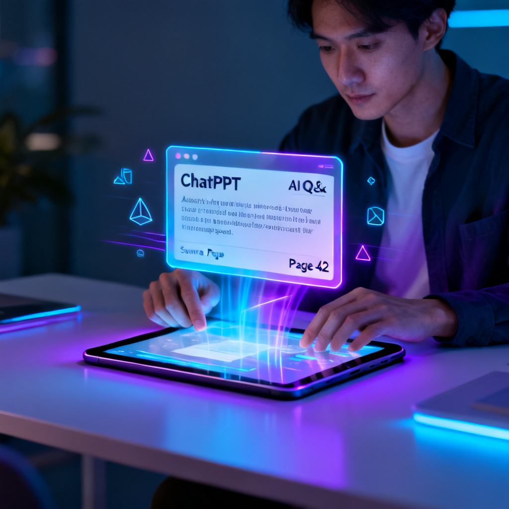 A user interacting with ChatPPT's AI Q&A feature on a tablet, with a pop-up showing the answer and source page number, futuristic interface.