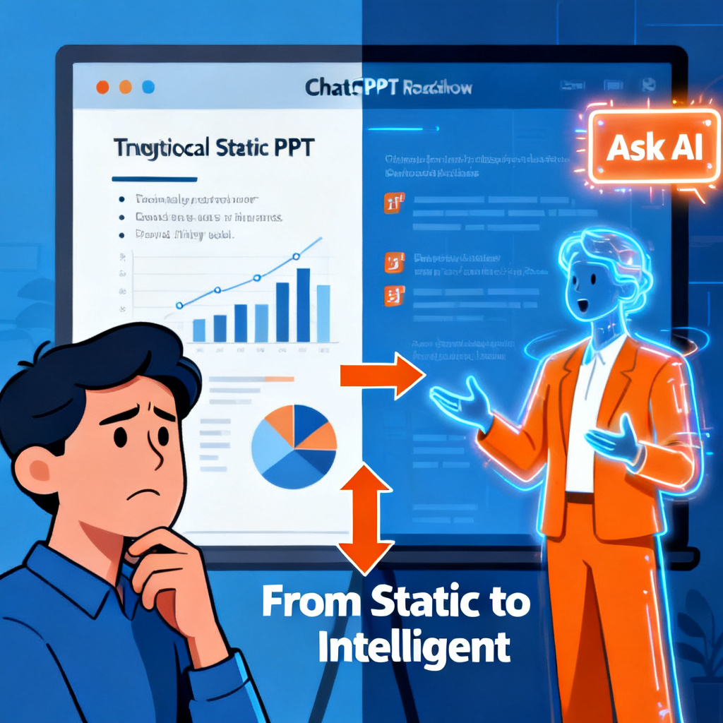 A split-screen illustration: left side shows a traditional static PPT slide with a confused user, right side shows a dynamic ChatPPT roadshow interface with a digital presenter speaking, AI question box active, and citation markers visible. The transition arrow is labeled "From Static to Intelligent."