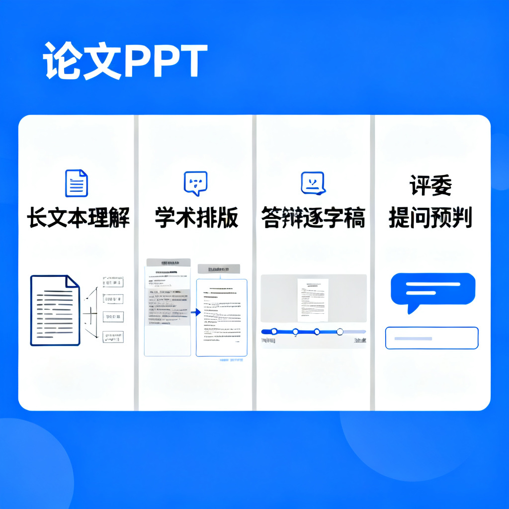 一张信息图，展示ChatPPT的四个核心优势：长文本理解、学术排版、答辩逐字稿、评委提问预判，以论文PPT为背景
