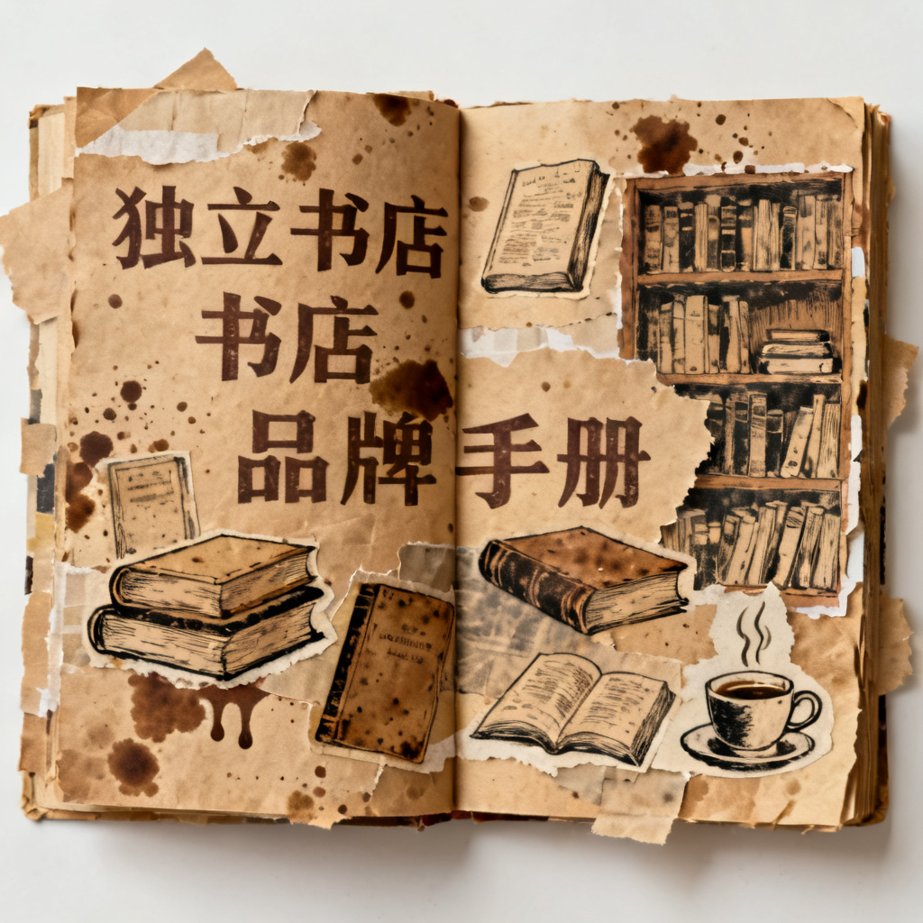 牛皮纸贴画风格独立书店品牌手册,手工拼贴质感,复古字体,咖啡渍纹理,书籍插图