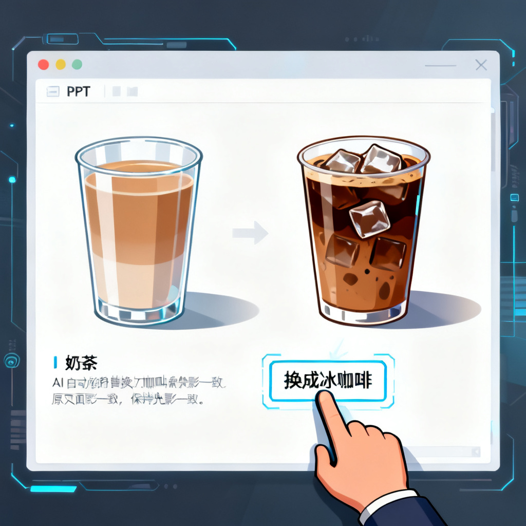Magic涂画操作演示,用户框选PPT页面中的奶茶区域,输入替换指令“换成冰咖啡”,AI自动完成替换并保持光影一致