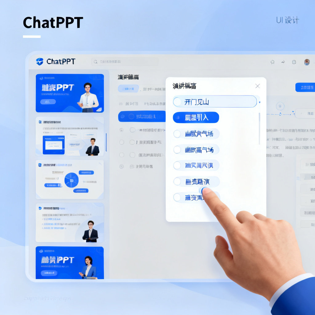一个ChatPPT的编辑器界面，左侧是PPT缩略图，右侧是演讲稿生成面板，显示“开门见山”、“层层引入”、“幽默高气场”等多种语气风格选项，用户正在选择“融资路演”风格