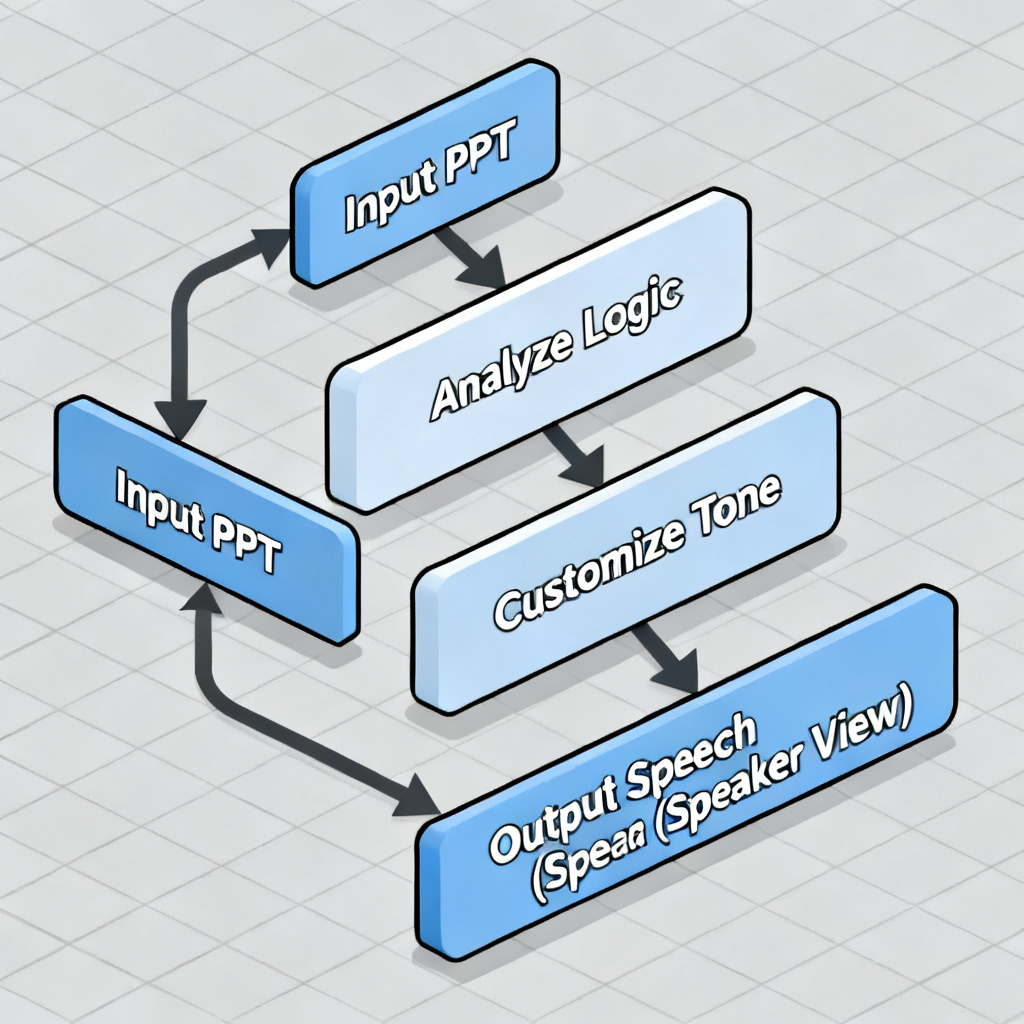 Flowchart showing the process of AI speech generation: input PPT -> analyze logic -> customize tone -> output speech with speaker view, isometric style, clean design