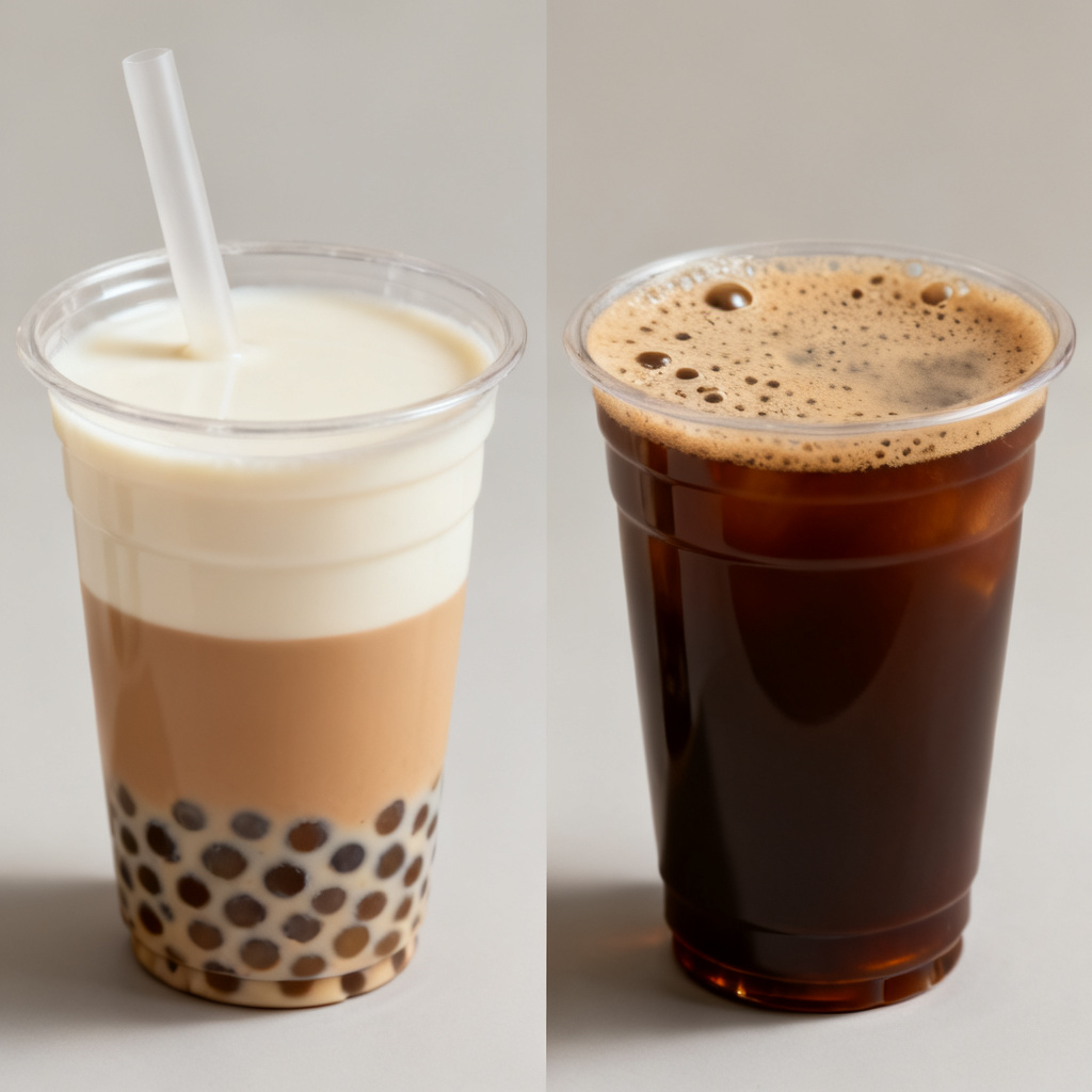 Side-by-side comparison: left slide shows a cup of milk tea, right slide shows the same slide with the milk tea replaced by a coffee, maintaining identical lighting and style