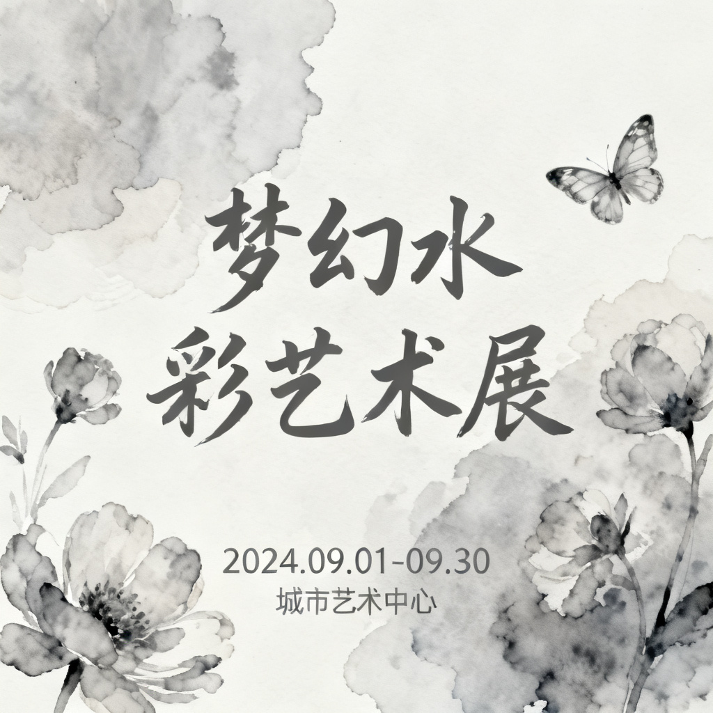 梦幻水彩风格艺术展介绍PPT，水彩晕染效果，花朵、蝴蝶元素，柔和过渡，留白构图，文艺气息
