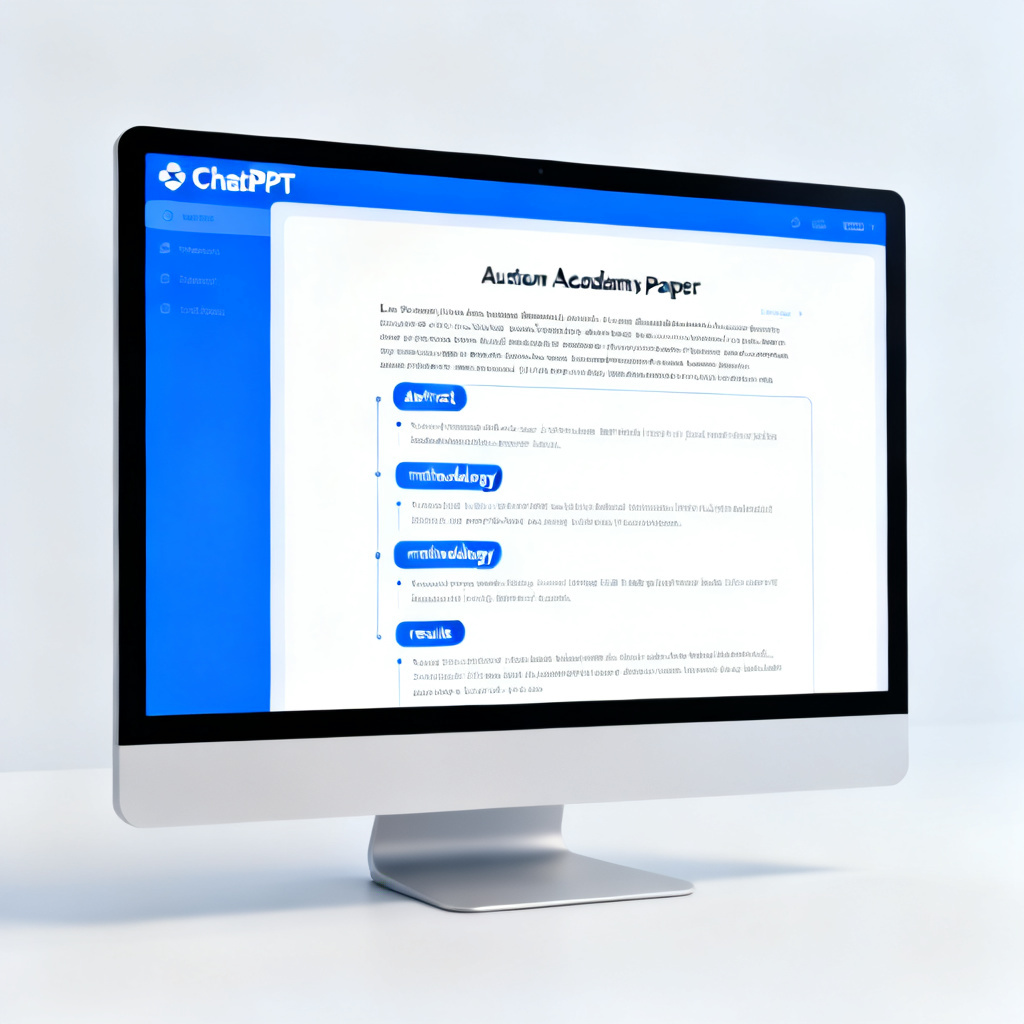 A computer screen displaying ChatPPT interface with a lengthy academic paper being processed, showing automatic extraction of key sections like abstract, methodology, and results into a structured PPT outline. The interface is clean with blue and white color scheme, emphasizing efficiency and clarity.