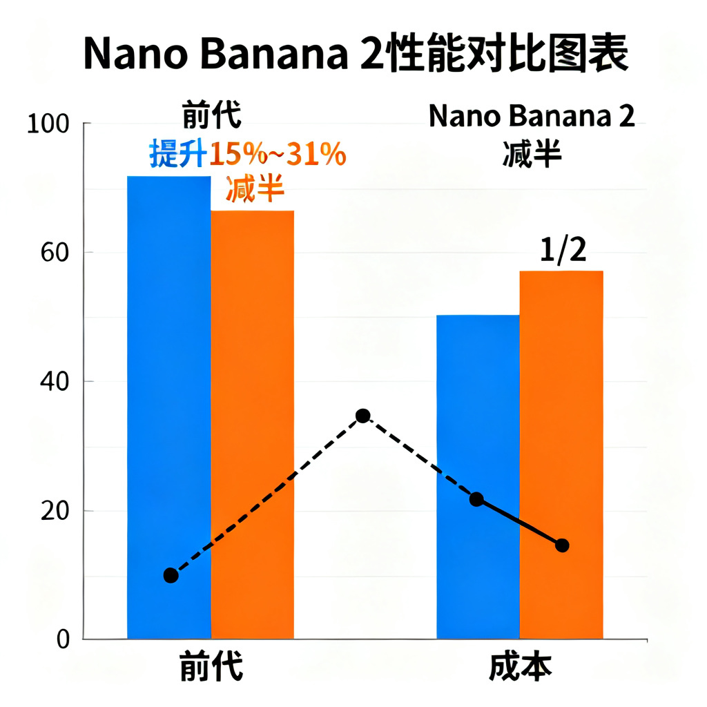 一个图表，显示Nano Banana 2相比前代在速度（提升15%~31%）和成本（减半）上的优势，左侧为前代数据，右侧为Nano Banana 2数据，使用柱状图与折线图对比。
