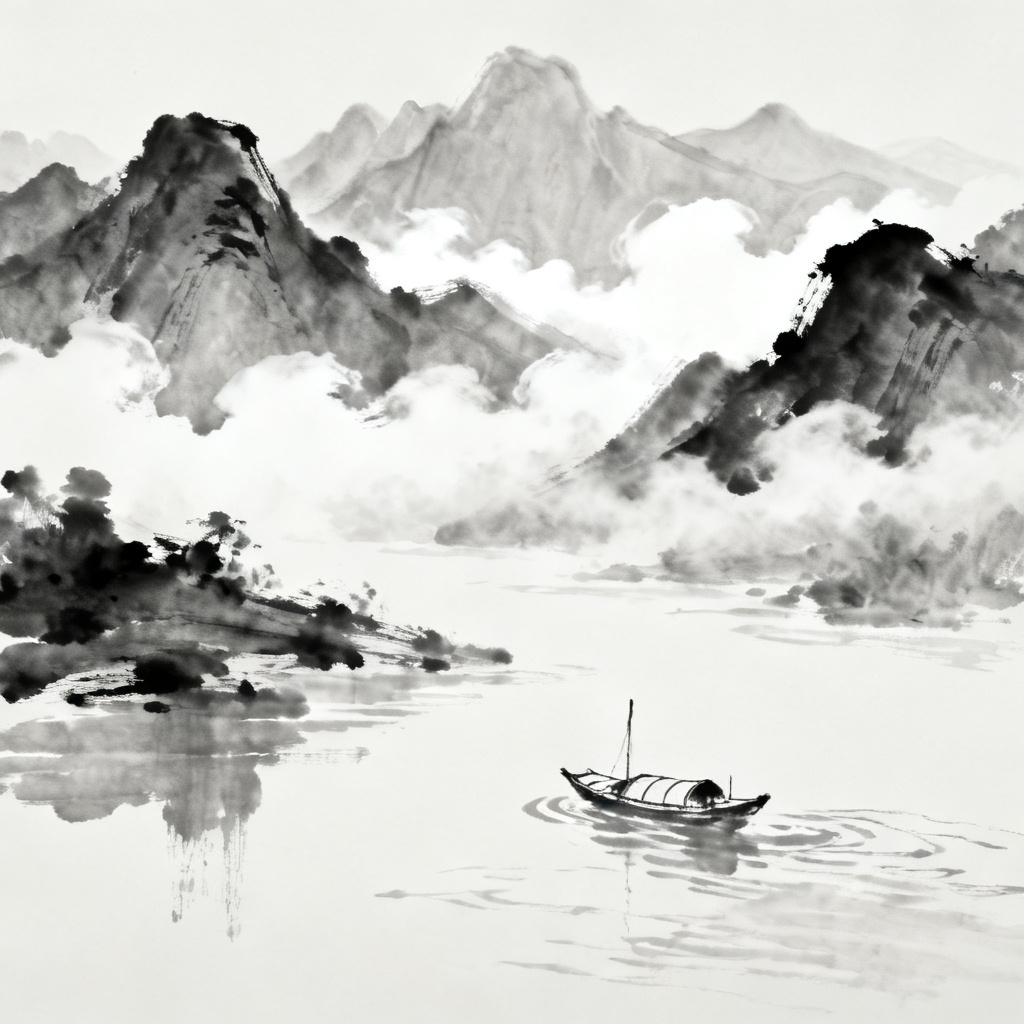 水墨禅意风格,墨色晕染的山峦与云雾,留白构图,一只孤舟漂于江上,意境深远,笔触洒脱