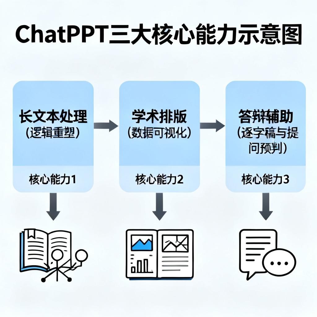 一张示意图，展示ChatPPT的三大核心能力：长文本处理（逻辑重塑）、学术排版（数据可视化）、答辩辅助（逐字稿与提问预判），以流程图形式呈现。