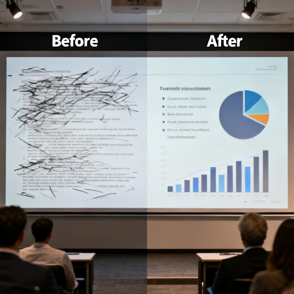 A split-screen comparison: left side shows a messy slide with dense text and no visuals, right side shows a well-structured slide with bullet points, a pie chart, and a bar chart, labeled 'Before' and 'After', professional lighting