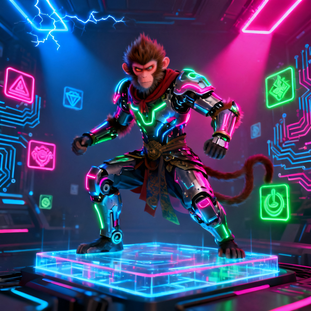 A futuristic 3D render of a PPT slide featuring a monkey king character with neon lights and cyberpunk elements, inspired by Journey to the West style, with high contrast and vibrant colors