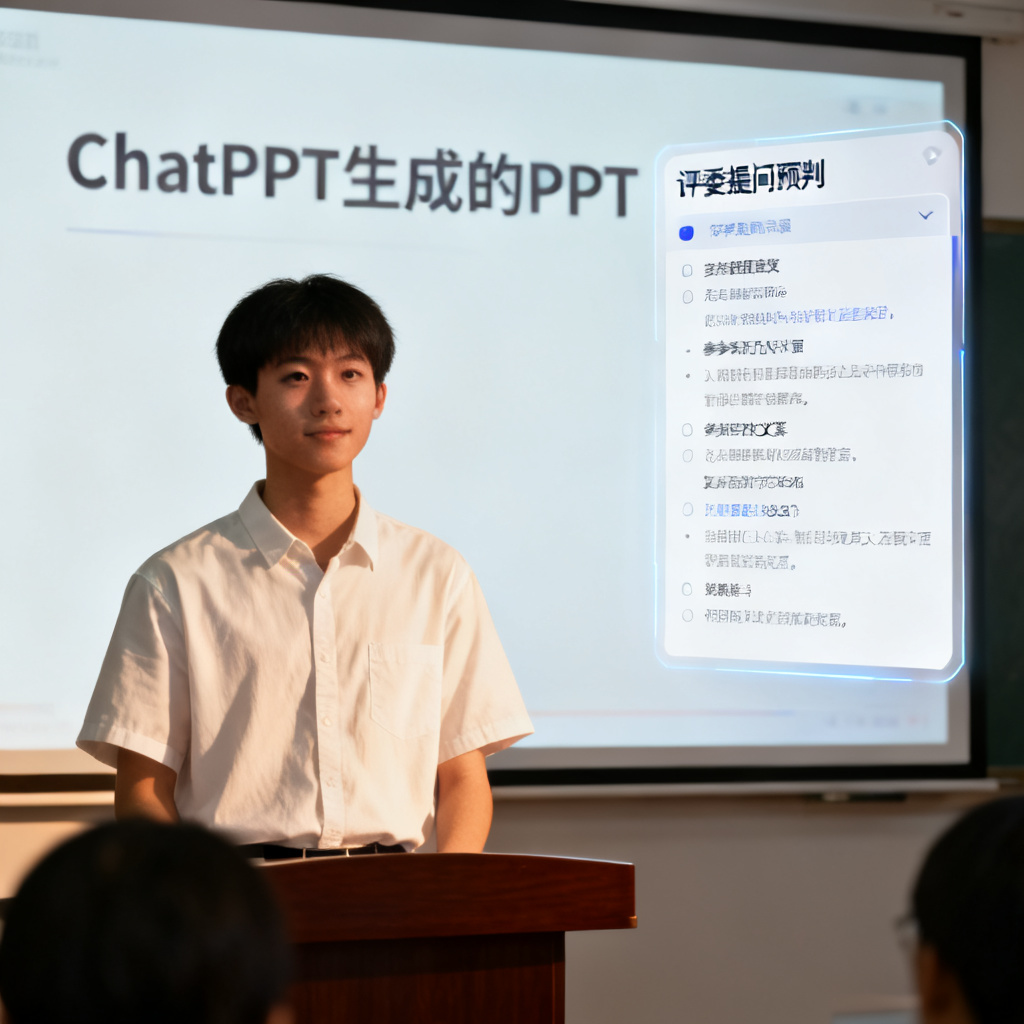 一个学生自信地站在答辩讲台上，背后屏幕显示ChatPPT生成的PPT，旁边有一个浮动窗口显示“评委提问预判”列表，包括问题与参考答案，学生表情从容