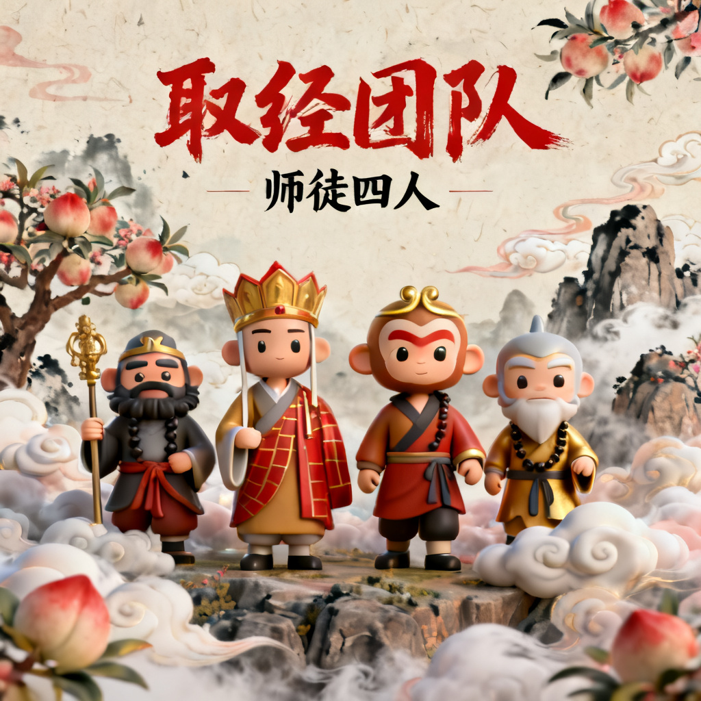 3D西游记风格的团队介绍页面，角色以立体卡通形象呈现，背景是云雾缭绕的花果山，文字使用毛笔字体，配色以红色和金色为主，带有传统水墨画的肌理感。