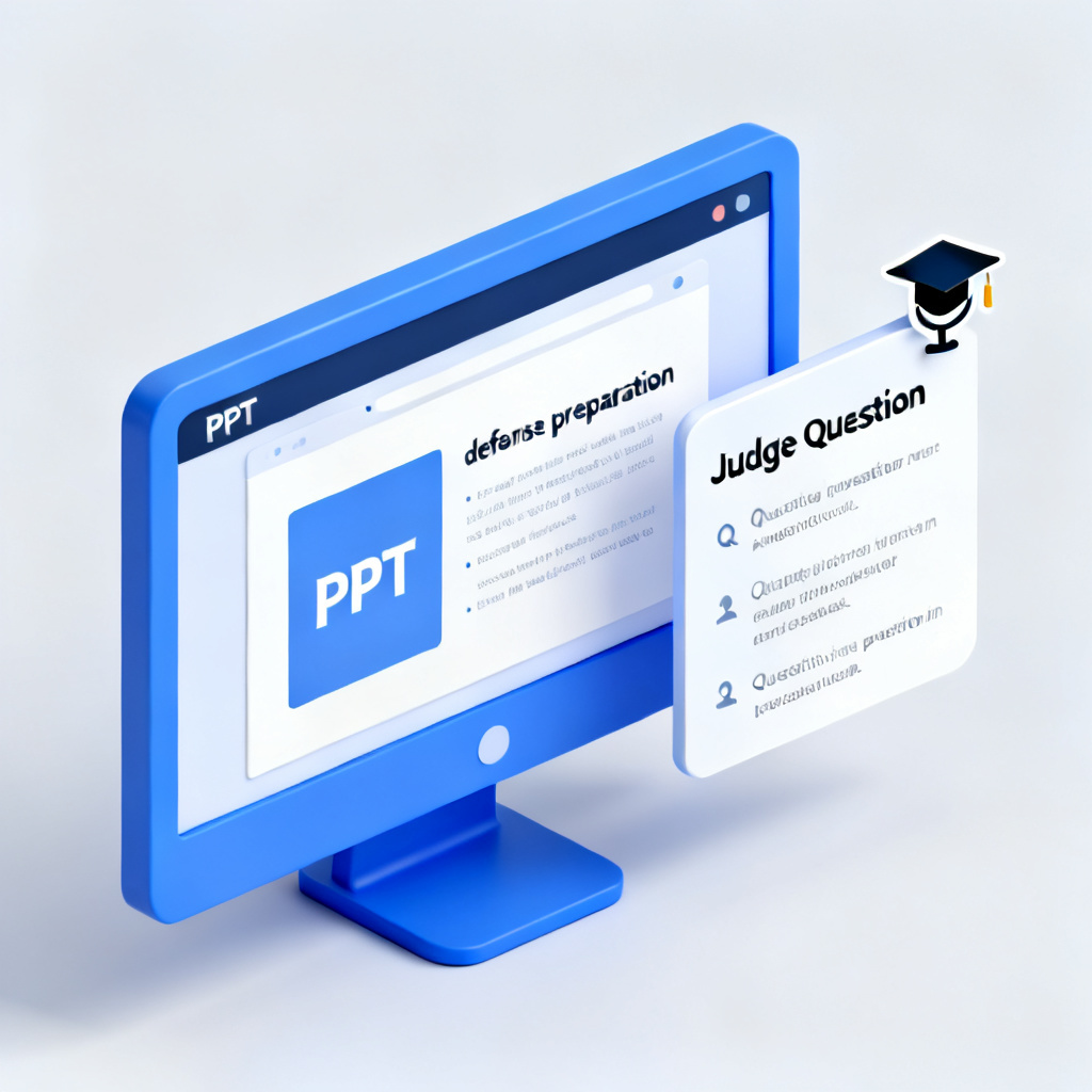 A 3D isometric view of a computer screen showing a PPT slide with a 'Judge Question' popup on the right side, listing three potential questions with answers. A small icon of a graduation cap and a microphone are in the corner. The style is modern and clean, with a blue and white color scheme, representing the 'defense preparation' feature.
