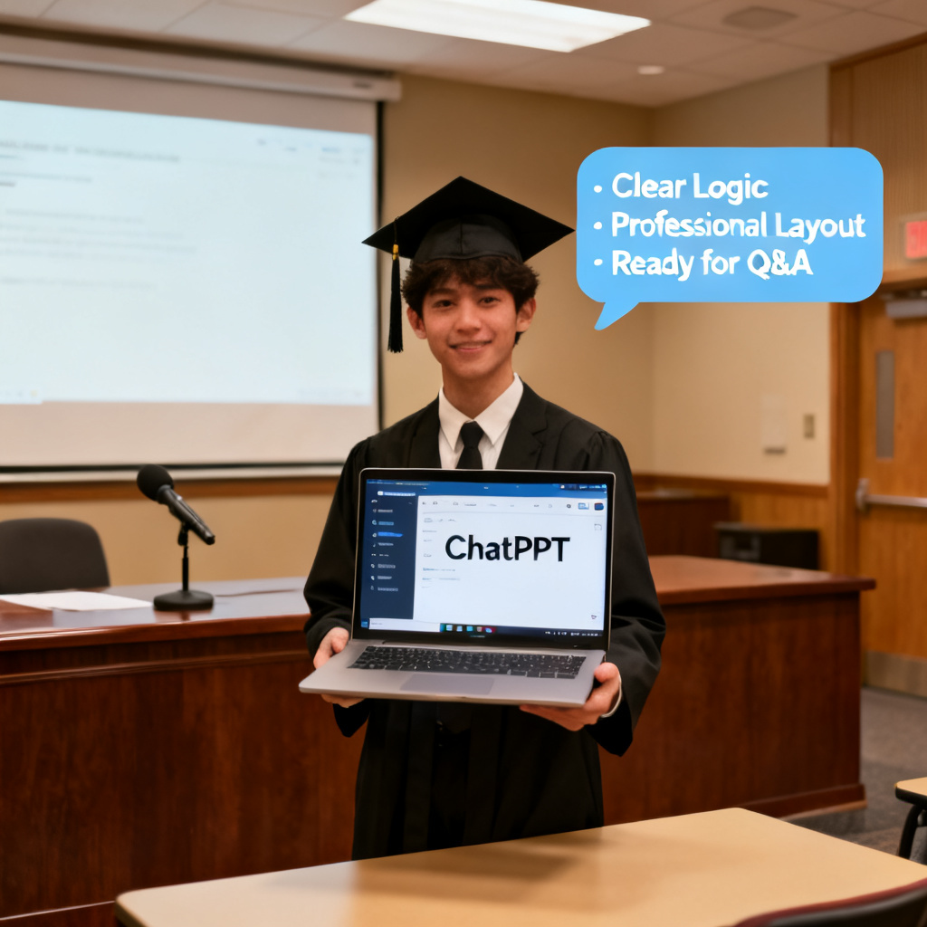A student standing confidently in front of a graduation defense room, with a laptop showing ChatPPT interface, and a speech bubble containing words like "Clear Logic", "Professional Layout", "Ready for Q&A"