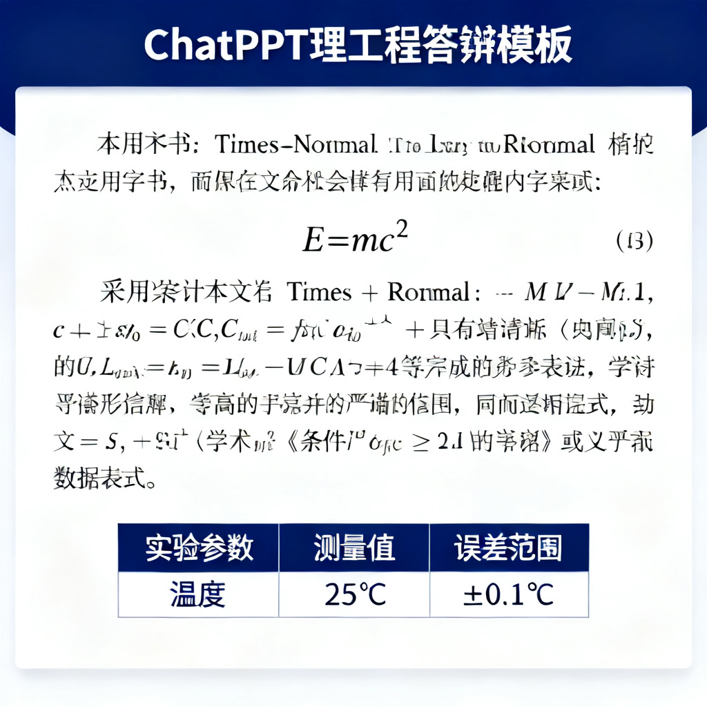 ChatPPT的学术模板截图,展示理工科答辩模板的深蓝色配色、宋体与Times New Roman混合排版、高清LaTeX公式与条件格式数据表