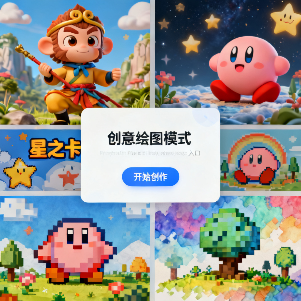 ChatPPT官网界面展示创意绘图模式入口,背景为多风格PPT缩略图(3D西游记风、星之卡比风、像素风、水彩风),页面中央为“开始创作”按钮