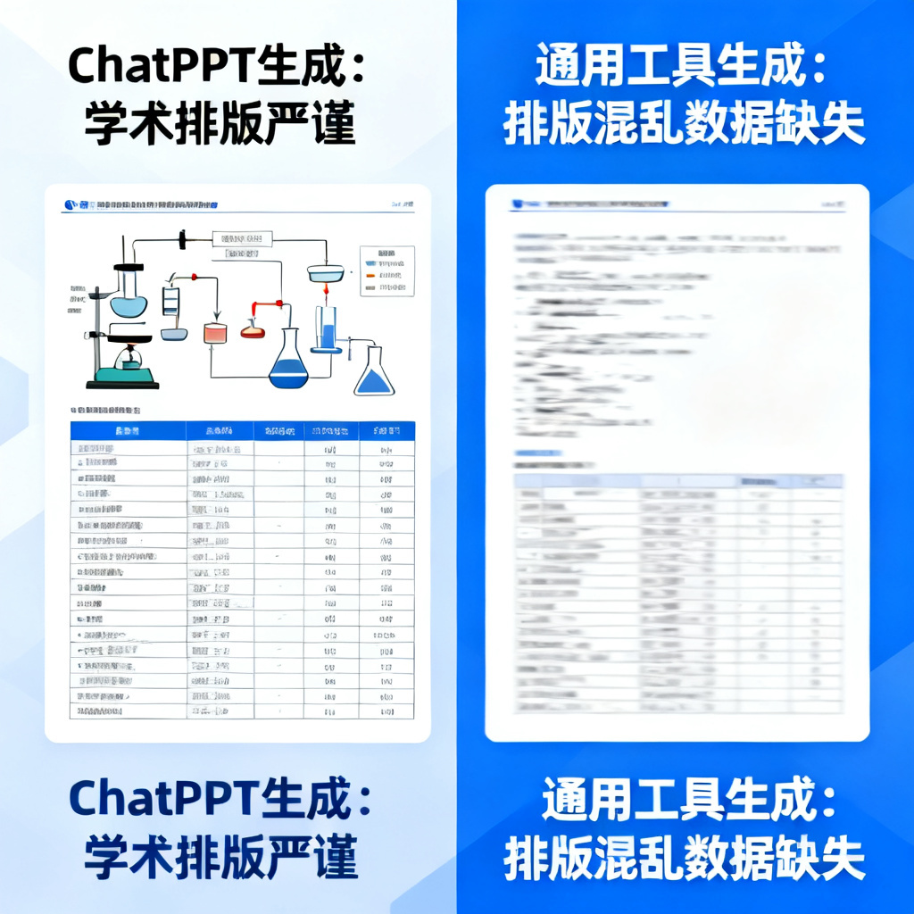 对比图：左侧是ChatPPT生成的学术排版PPT，包含清晰的实验流程图和数据表，排版严谨；右侧是通用工具生成的PPT，排版混乱，数据缺失。