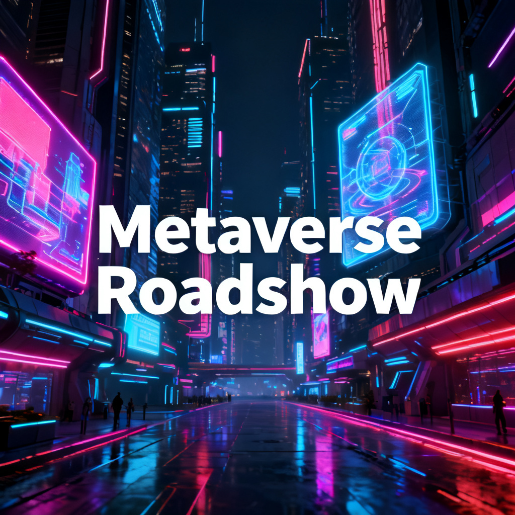 A futuristic cyberpunk cityscape with neon lights and holographic billboards, in the style of Blade Runner, with a sleek presentation slide overlay showing a title 'Metaverse Roadshow', vibrant colors, high contrast.