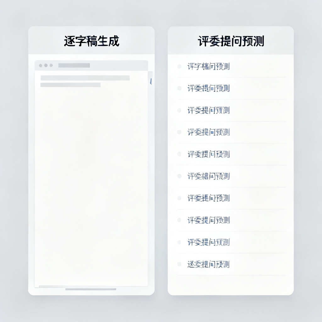 ChatPPT答辩辅助界面,展示逐字稿生成窗口和评委提问预测列表,界面简洁专业