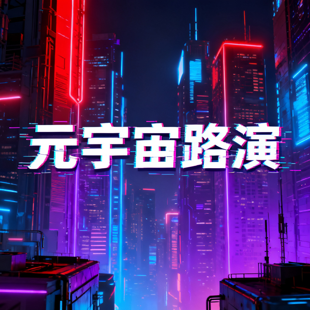 赛博朋克风格元宇宙路演PPT封面，霓虹灯色彩，高楼大厦，科技感十足，标题字体带有数字故障效果