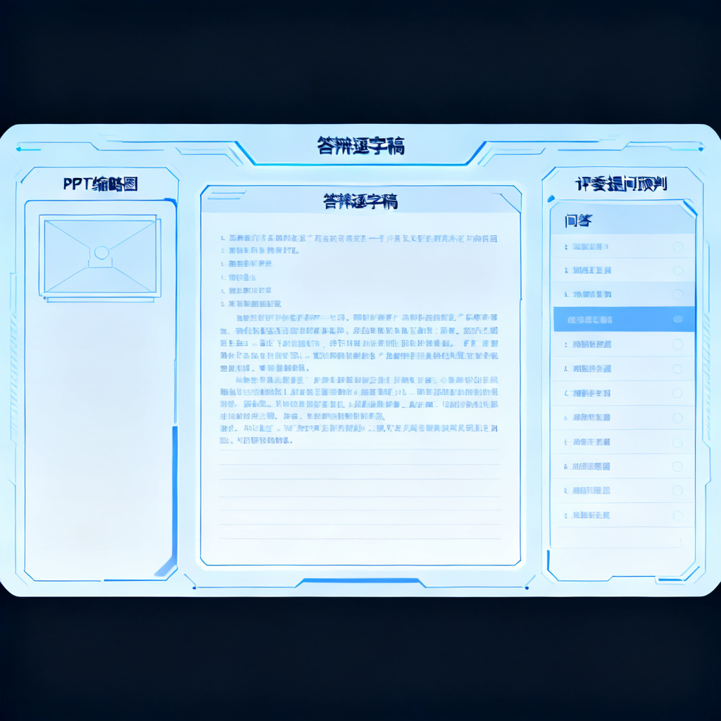 ChatPPT界面展示答辩逐字稿和评委提问预判功能，左侧是PPT缩略图，右侧是问答列表，风格科技感，界面简洁