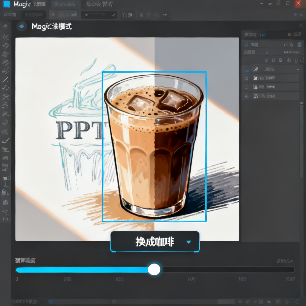 展示Magic涂画模式的界面，用户框选PPT中的一杯奶茶，输入指令‘换成咖啡’，AI正在实时渲染替换效果，光影和风格完美融合