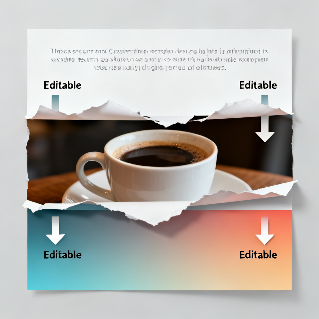 A diagram showing a slide's layers being peeled apart: top layer is text, middle layer is an image of a coffee cup, bottom layer is a gradient background. Arrows point to each layer with labels 'Editable'.