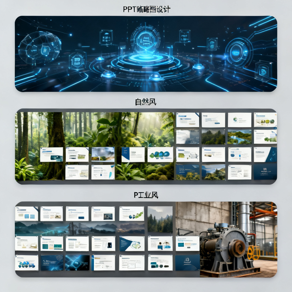 批量生成的高质量PPT缩略图，展示科技风、自然风、工业风三种风格，每份约15页，排列整齐