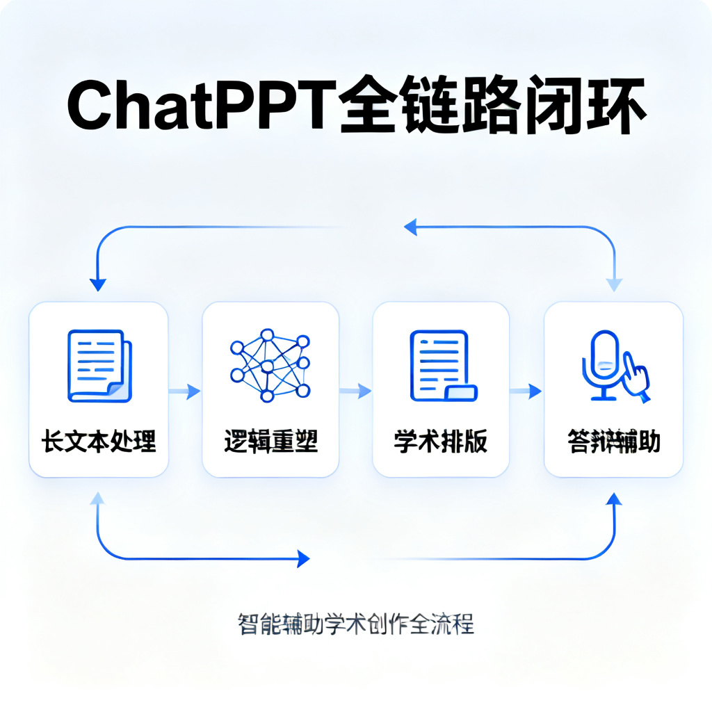 信息图展示ChatPPT的全链路闭环:长文本处理、逻辑重塑、学术排版、答辩辅助,风格简洁清晰