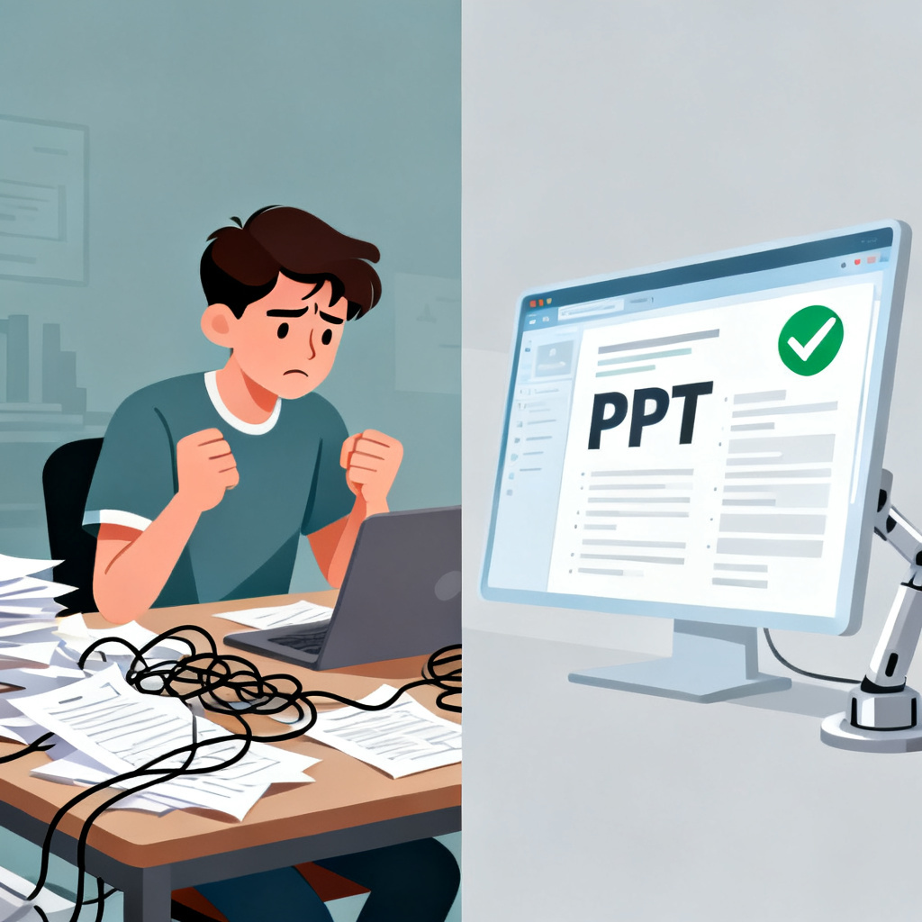 A split-screen visual: on the left, a chaotic desk with scattered papers, tangled cables, and a frustrated student; on the right, a clean digital interface showing a perfectly structured PPT with a checkmark icon. The contrast highlights the pain point of traditional PPT creation vs. AI-powered efficiency. The style is flat vector with muted colors.