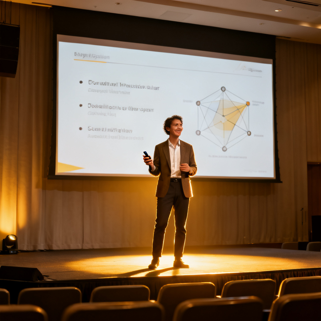 A professional presenter standing on stage, holding a remote clicker, with a large screen behind them displaying a sleek, modern slide. The slide shows bullet points and a diagram. The presenter looks confident and engaging. The lighting is warm and focused on the speaker. The background is a conference hall.