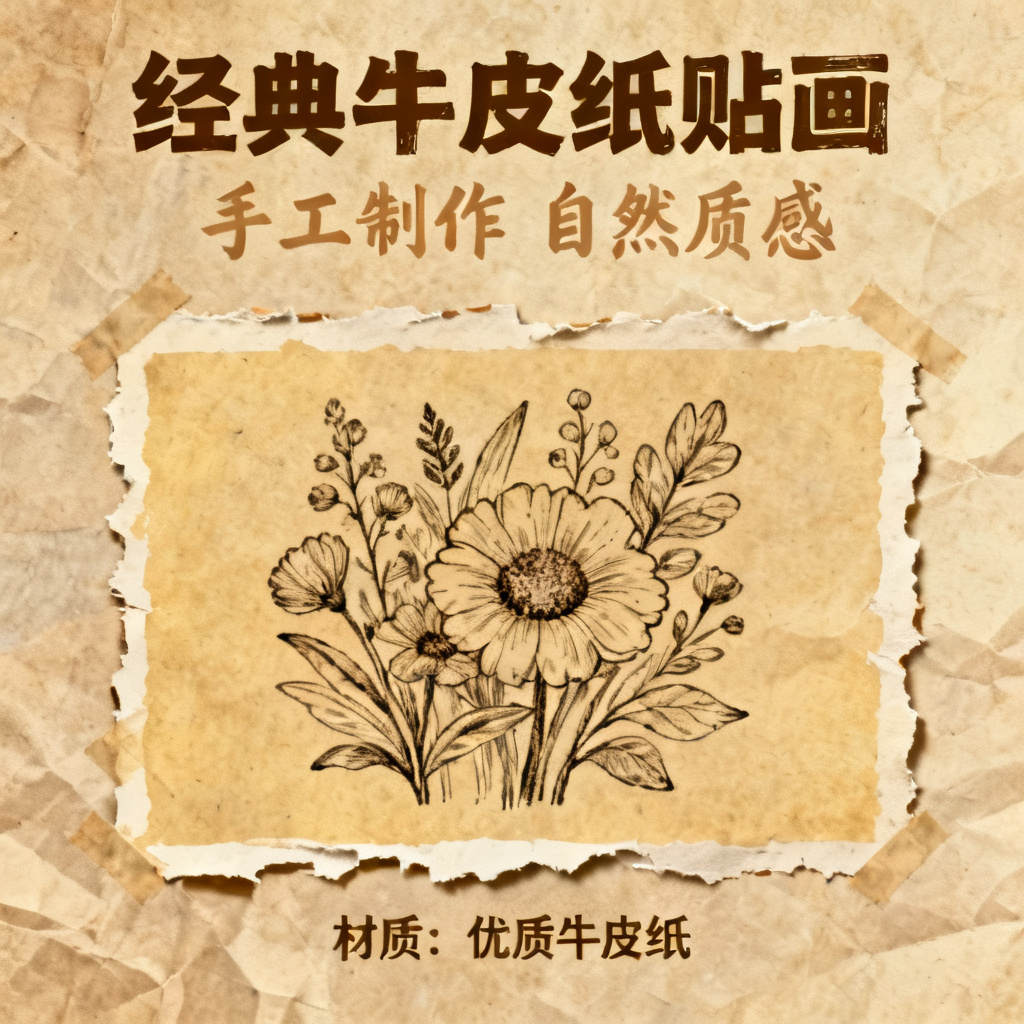 牛皮纸贴画风格的产品介绍页,手绘质感,暖色调,复古字体,纸张纹理背景
