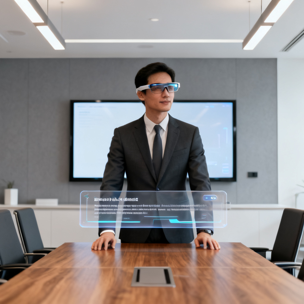 A confident business professional giving a presentation with a smart glasses teleprompter, modern conference room, clean design.