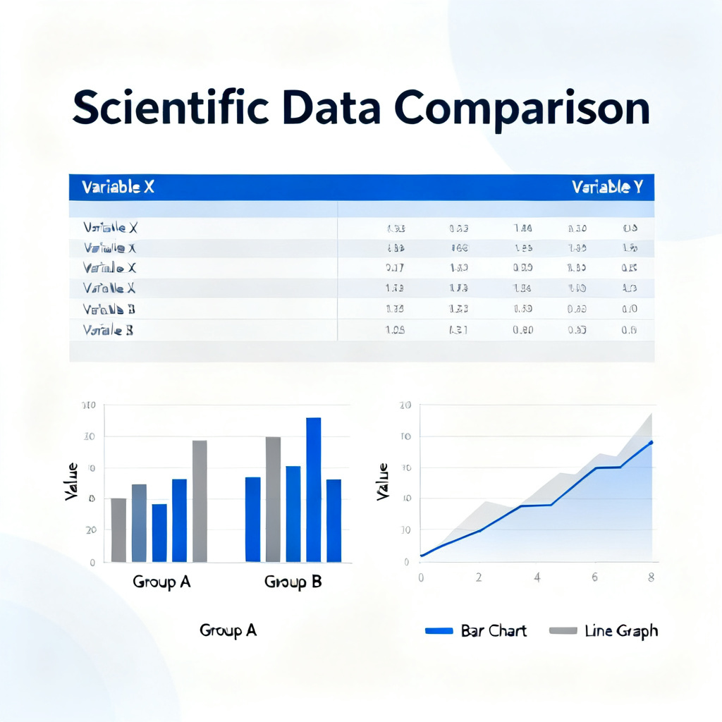 A clean and organized PowerPoint slide showing a scientific data comparison table with bar charts and line graphs, minimalist academic style, blue and gray color scheme