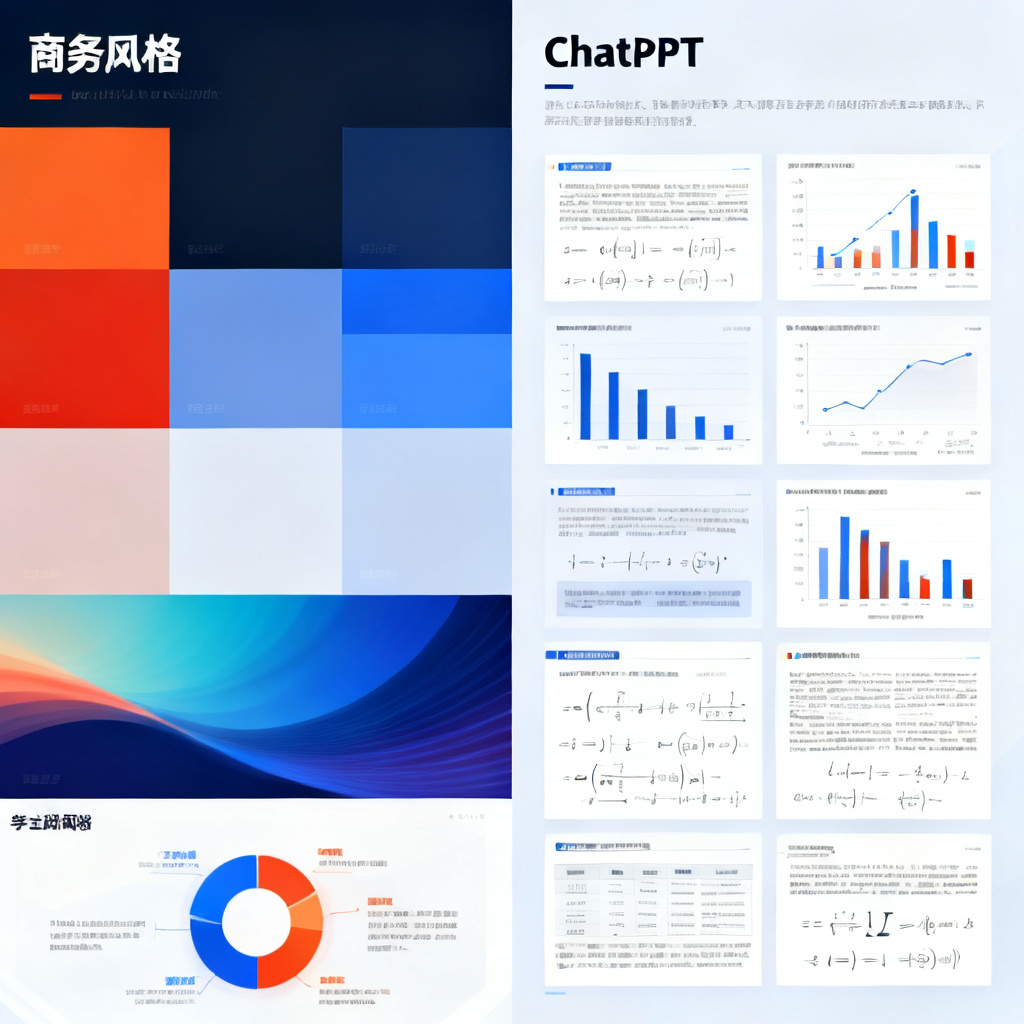 一张对比图,左侧显示商务风格PPT的色块和渐变背景,右侧显示ChatPPT的学术风格排版,包含清晰的图表、公式和严谨的布局