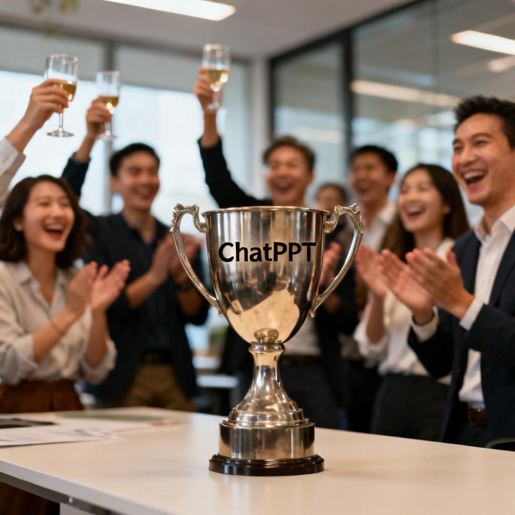 一个奖杯上刻着'ChatPPT'，背景是模糊的办公室和团队庆祝场景