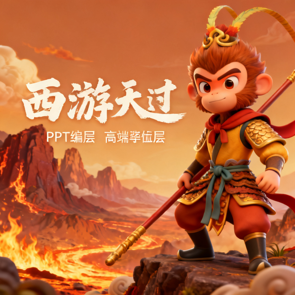 3D西游记风格PPT页面，孙悟空角色，火焰山背景，可编辑文字图层，高分辨率输出