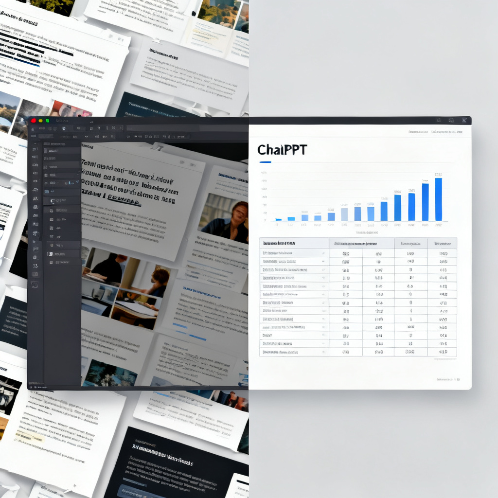 Split-screen comparison: left side shows a messy, cluttered slide from a generic AI tool with misaligned text, overlapping images, and inconsistent fonts; right side shows a clean, well-structured academic slide from ChatPPT with properly formatted data table, clear chart, and professional layout