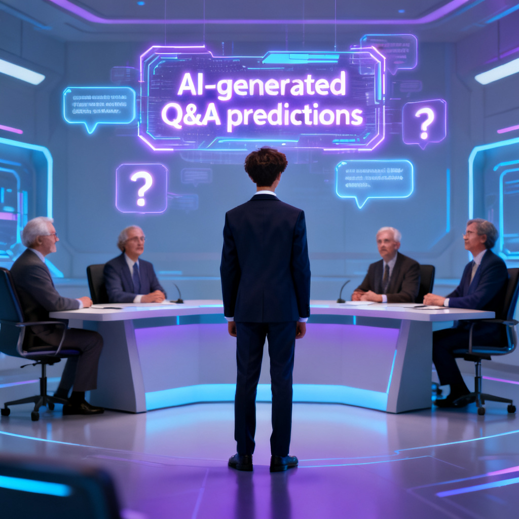 A student standing in front of a defense committee, with a holographic display showing AI-generated Q&A predictions.