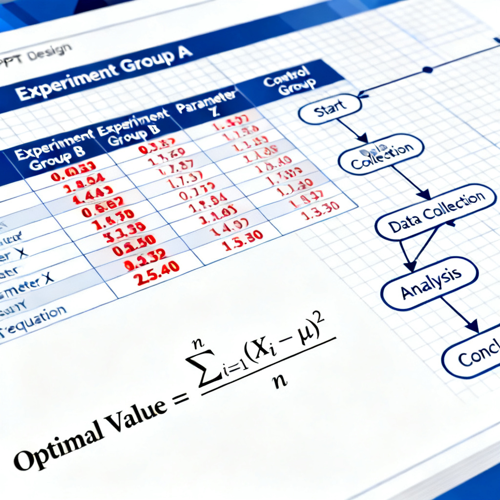A close-up of a scientific PPT slide showing a complex data comparison table with highlighted optimal values, a clear flowchart, and a well-formatted LaTeX equation.